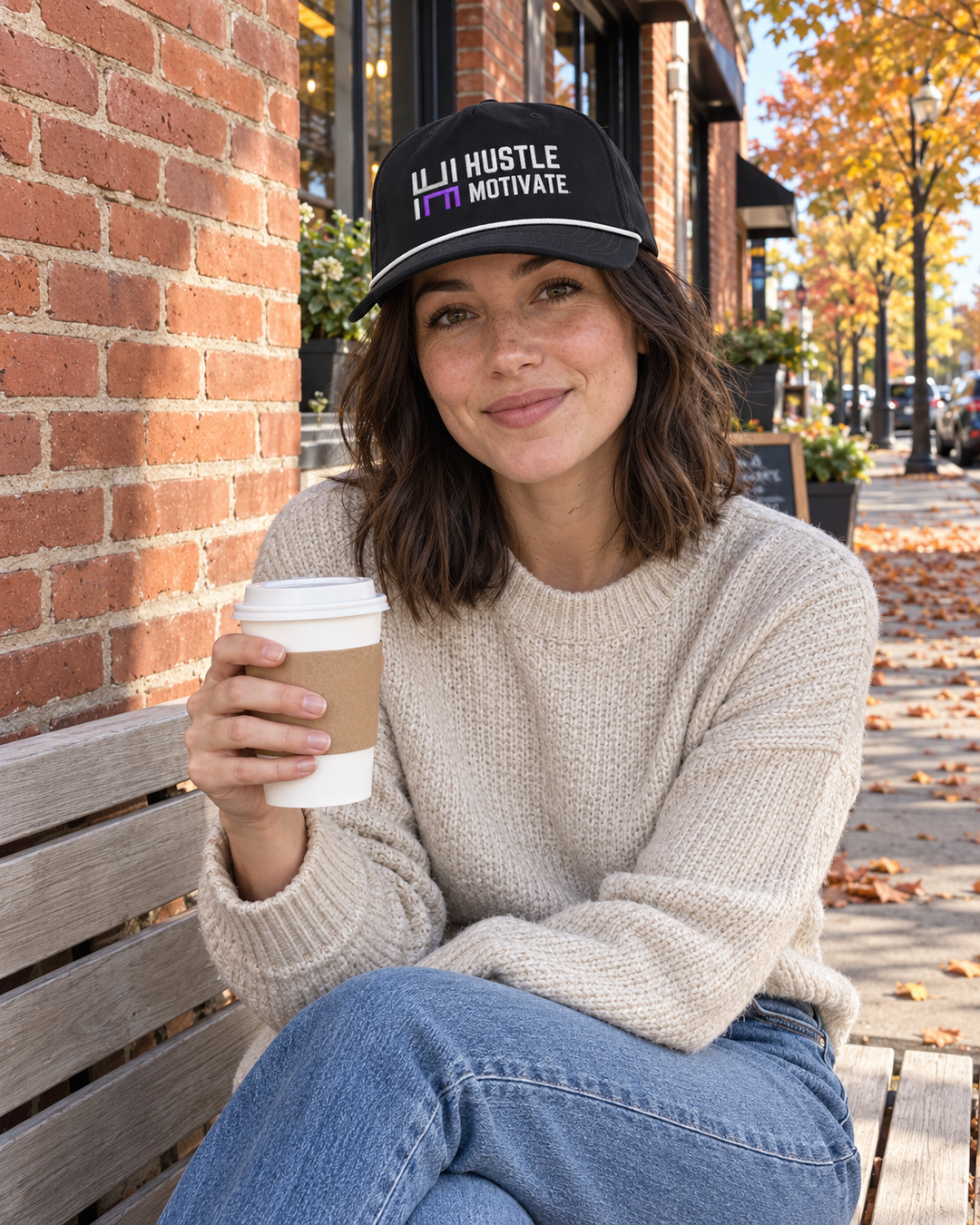 Woman wearing a black HM rope snapback cap with a cream sweater and jeans outside an autumn café.