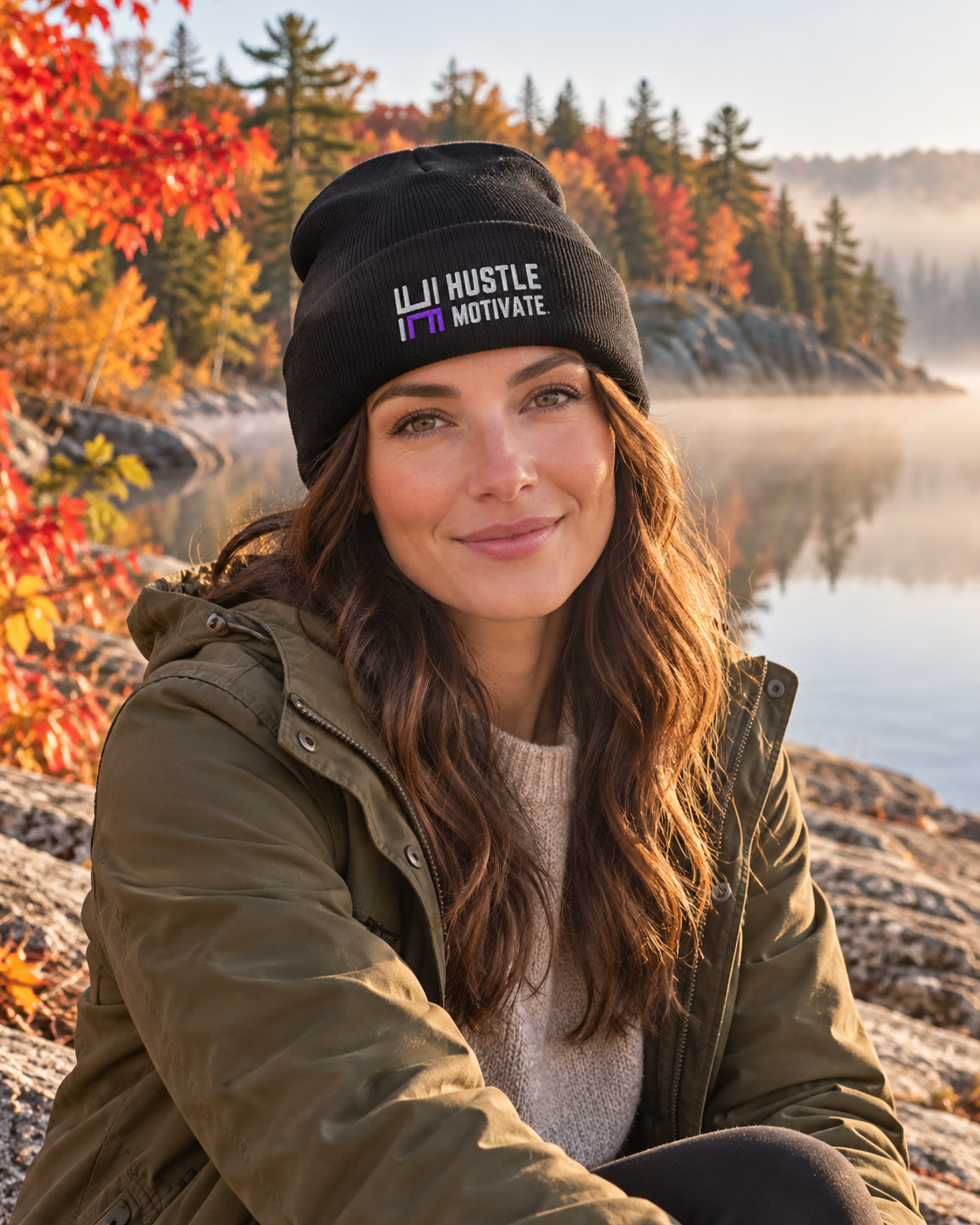 Black Hustle Motivate cuffed toque worn with an olive jacket beside a lake with autumn foliage.
