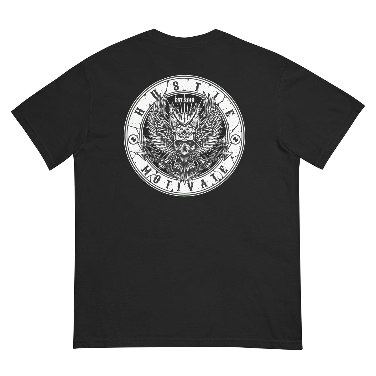 Back product mockup of the black HM OG Owl T-shirt with distressed white owl, skull, lightning, HUSTLE MOTIVATE lettering and EST. 2019.