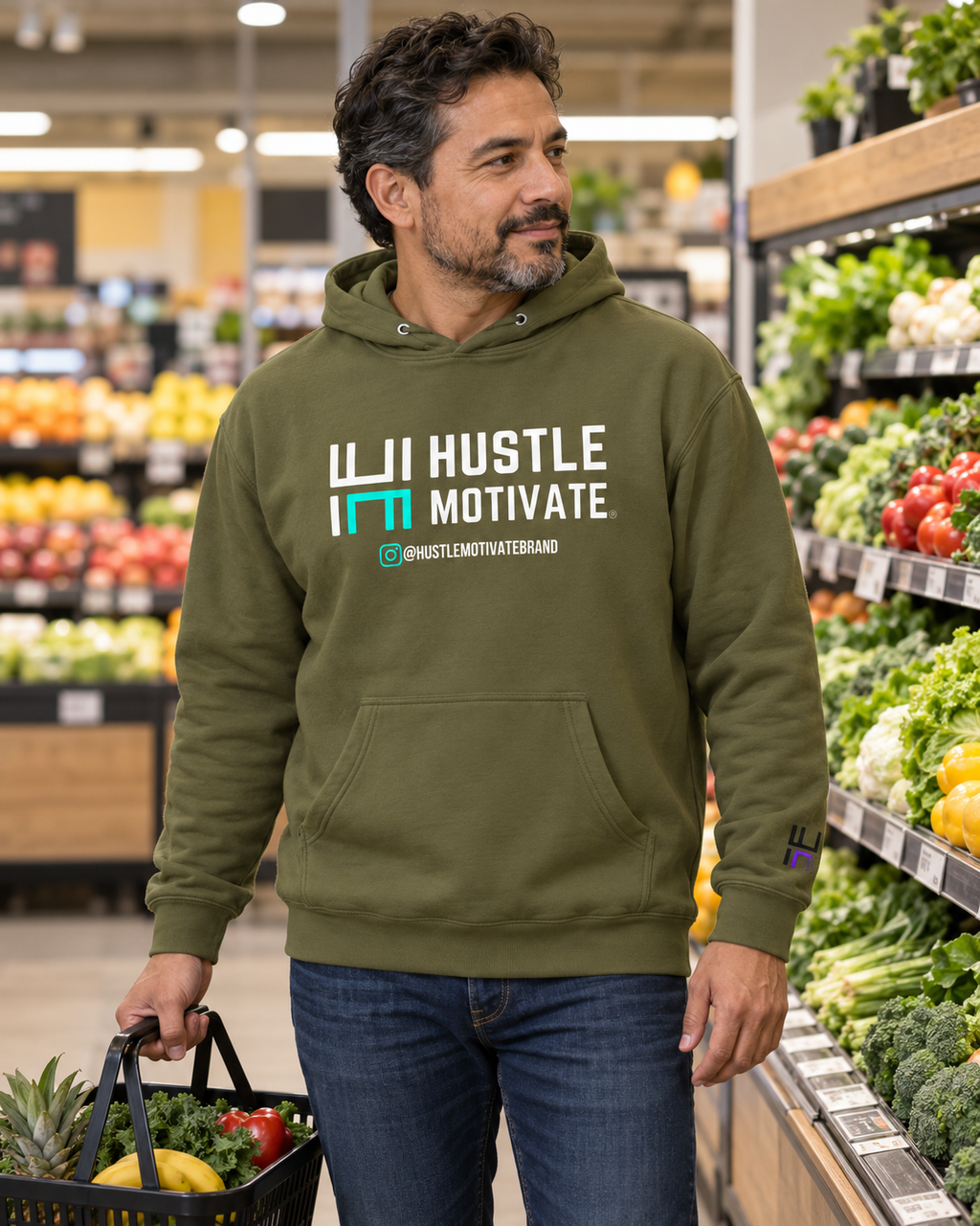 AI lifestyle mockup of the Army Hustle Motivate hoodie worn in a grocery store.