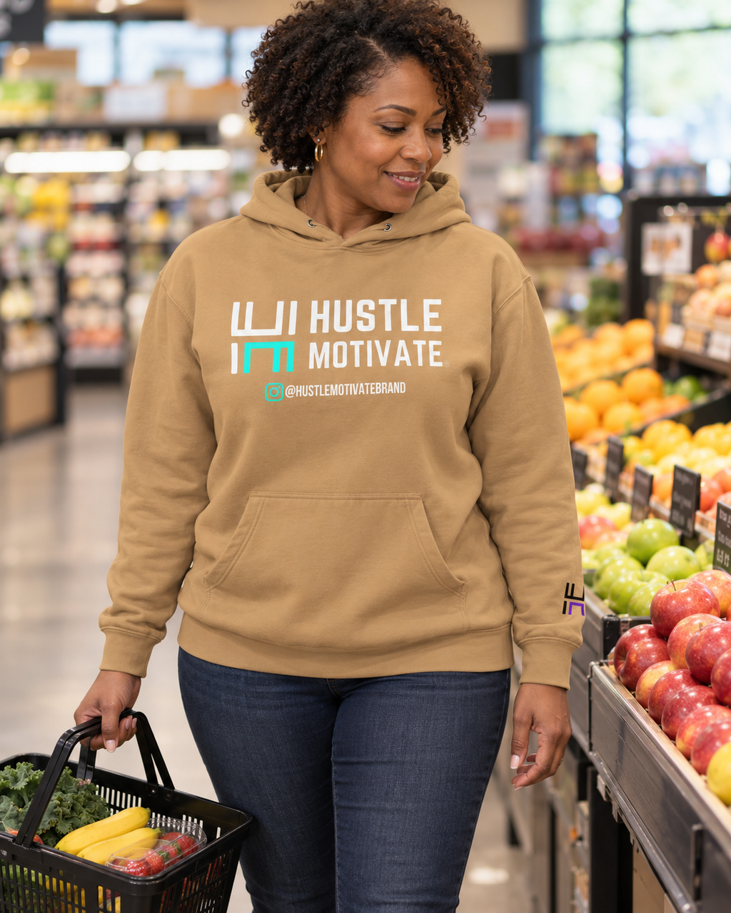 AI lifestyle mockup of the Sandstone Hustle Motivate hoodie worn in a grocery store.