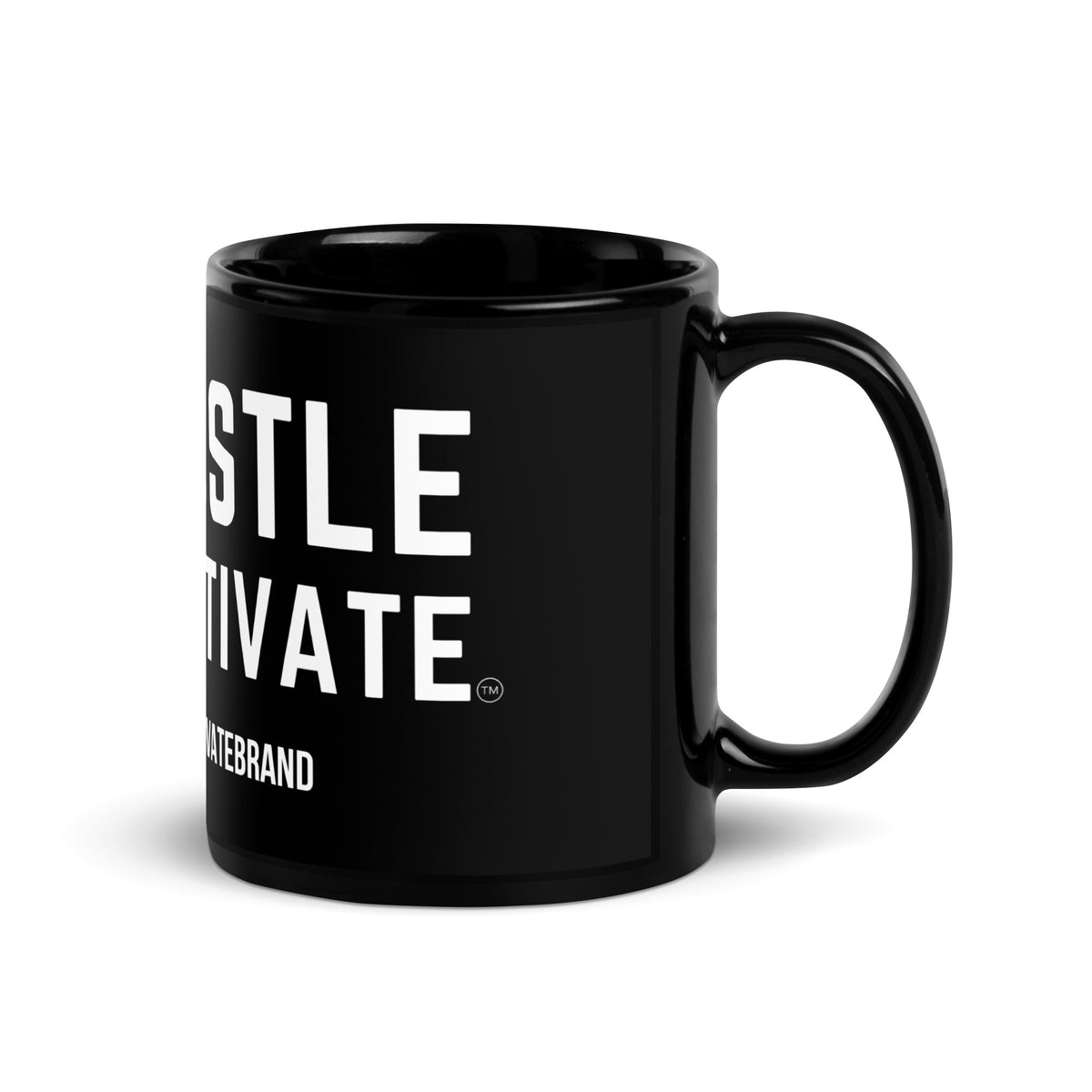 Hustle Motivate glossy black ceramic mug with white and teal artwork, 11 oz, handle on the right.