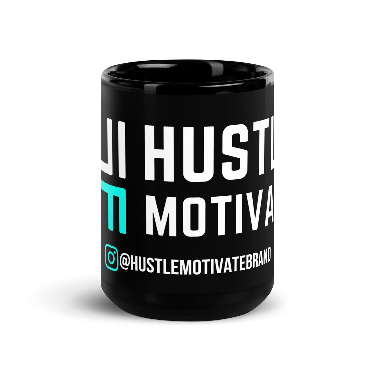 Hustle Motivate glossy black ceramic mug with white and teal artwork, 15 oz, front view.