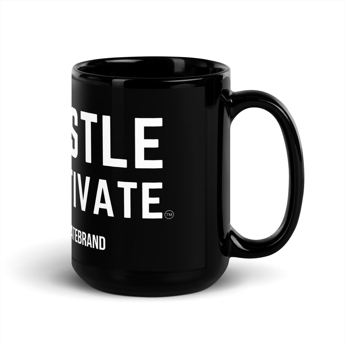 Hustle Motivate glossy black ceramic mug with white and teal artwork, 15 oz, handle on the right.