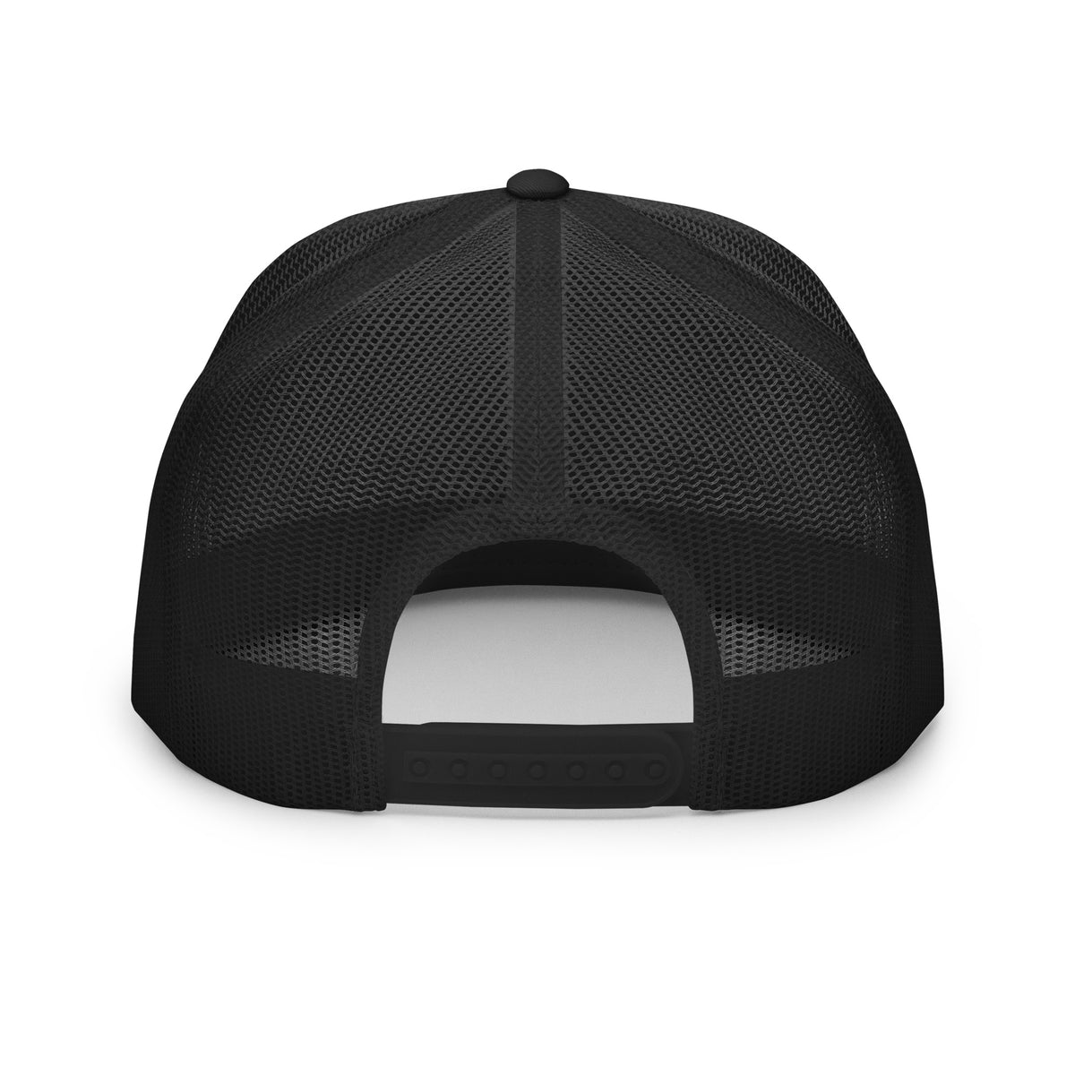 Printful supplier mockup of the back of the black Hustle Motivate Elevate trucker cap, showing black mesh and an adjustable snapback