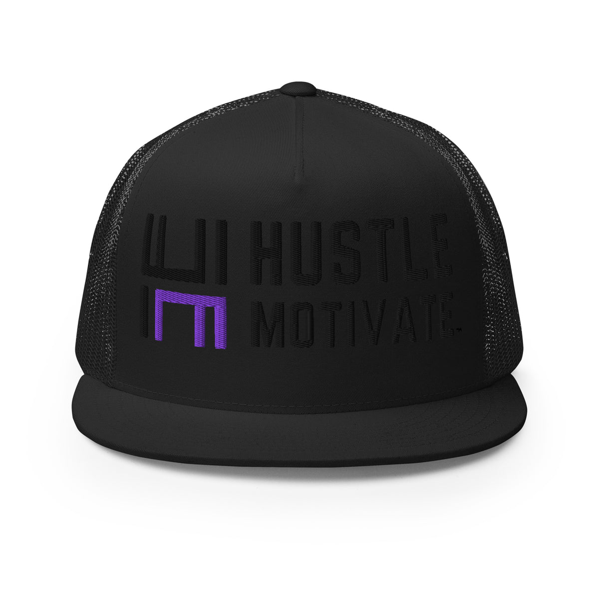 Printful supplier mockup of the black Hustle Motivate Elevate trucker cap, showing tonal black and purple embroidery on the front