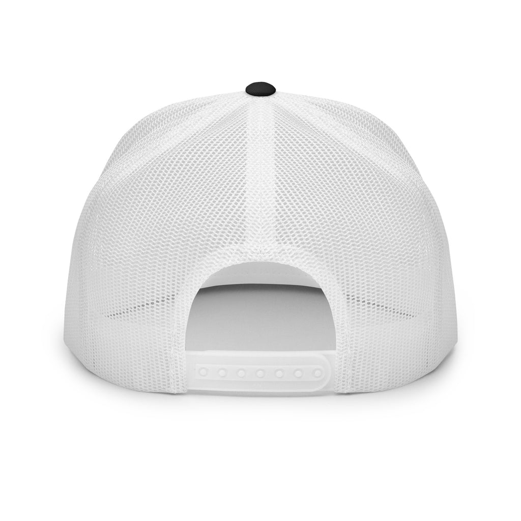 Printful supplier mockup of the back of the black and white Hustle Motivate Elevate trucker cap, showing white mesh and an adjustable snapback