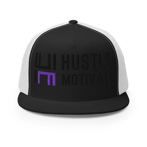 Printful supplier mockup of the black and white Hustle Motivate Elevate trucker cap, showing black and purple embroidery on the front