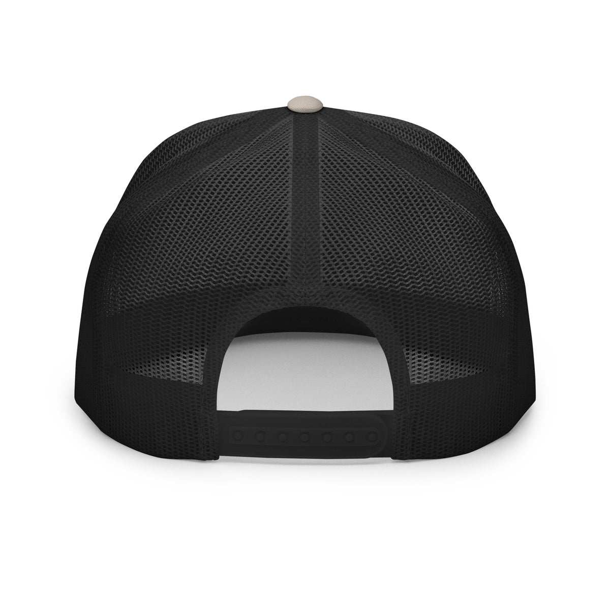 Printful supplier mockup of the back of the silver and black Hustle Motivate Elevate trucker cap, showing black mesh, a silver top button and an adjustable snapback