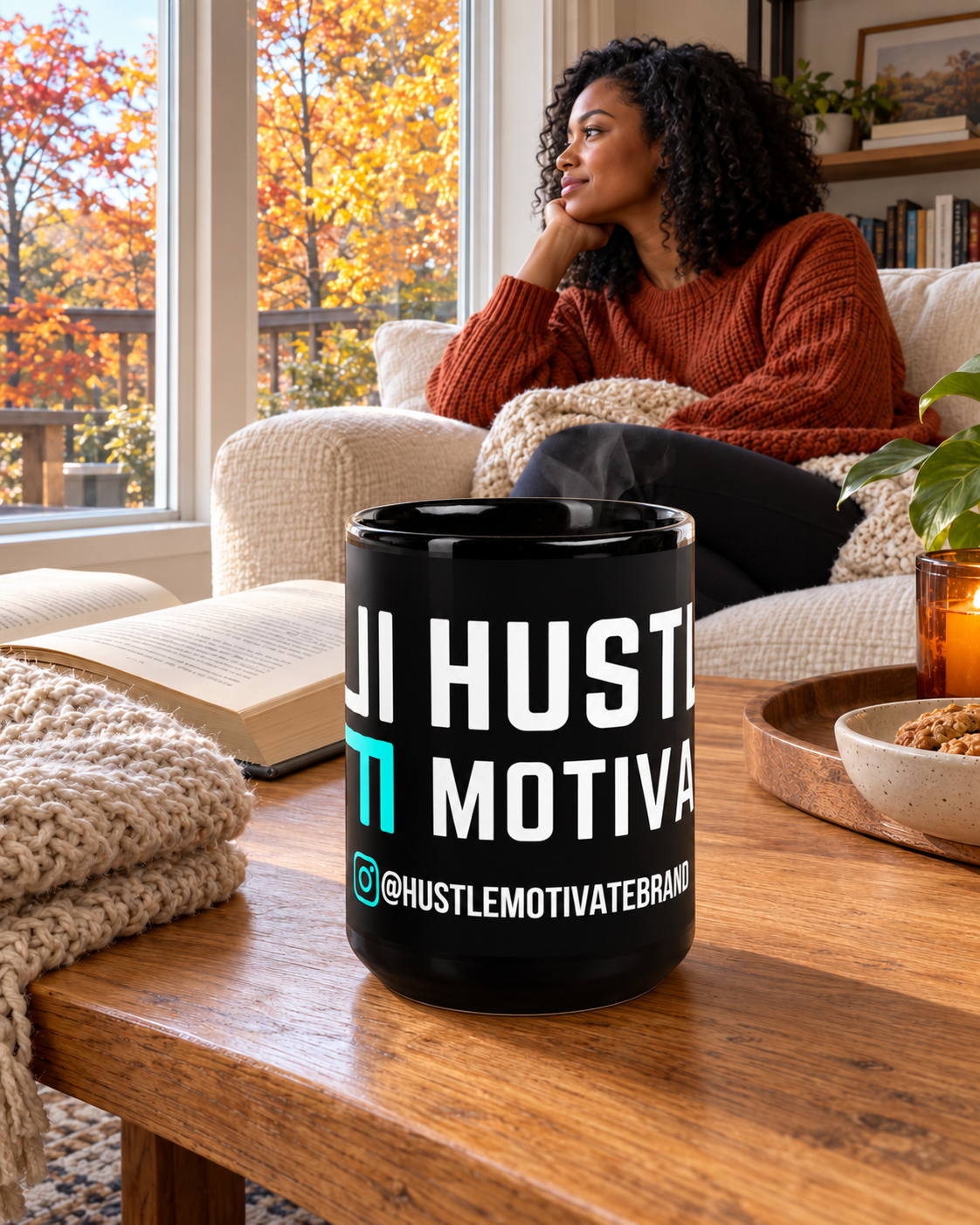 AI-generated lifestyle mockup of the Hustle Motivate black mug beside a book during an autumn break at home.
