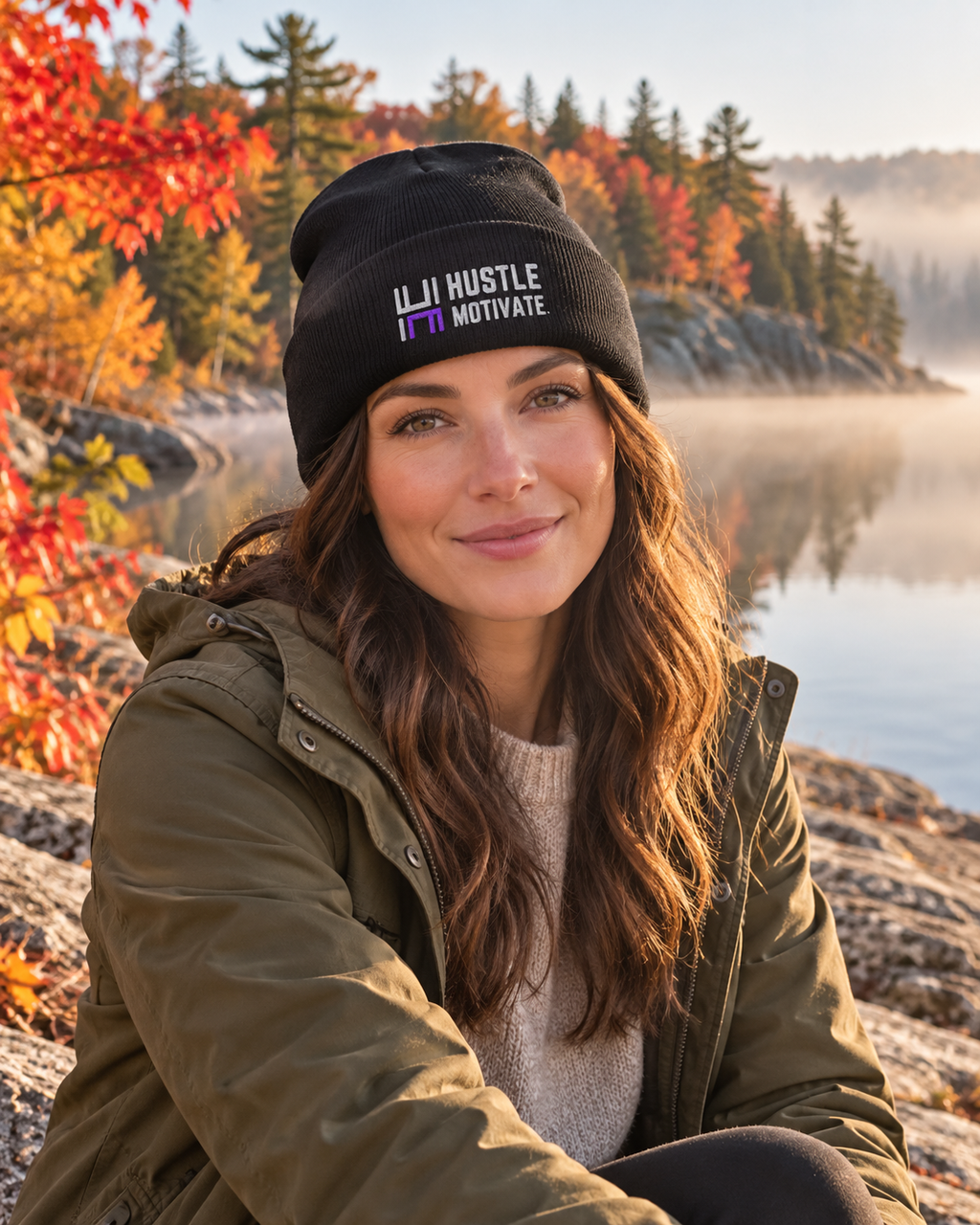 Woman wearing the black and purple Hustle Motivate toque beside a lake in autumn