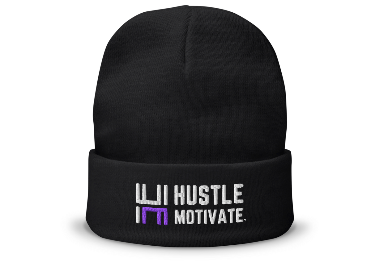 Black cuffed Hustle Motivate toque with white and purple front embroidery