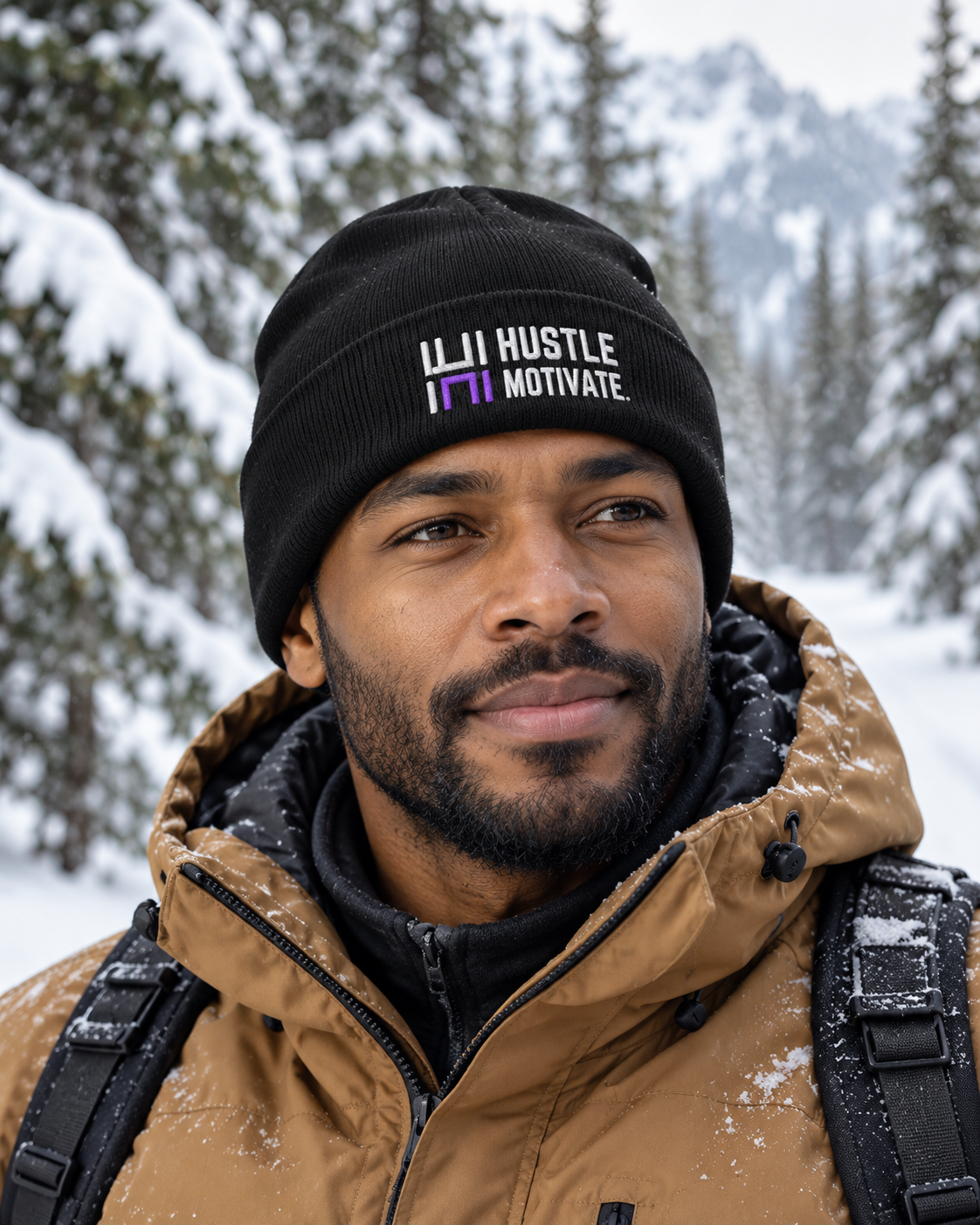 Man wearing the black and purple Hustle Motivate toque on a snowy evergreen trail