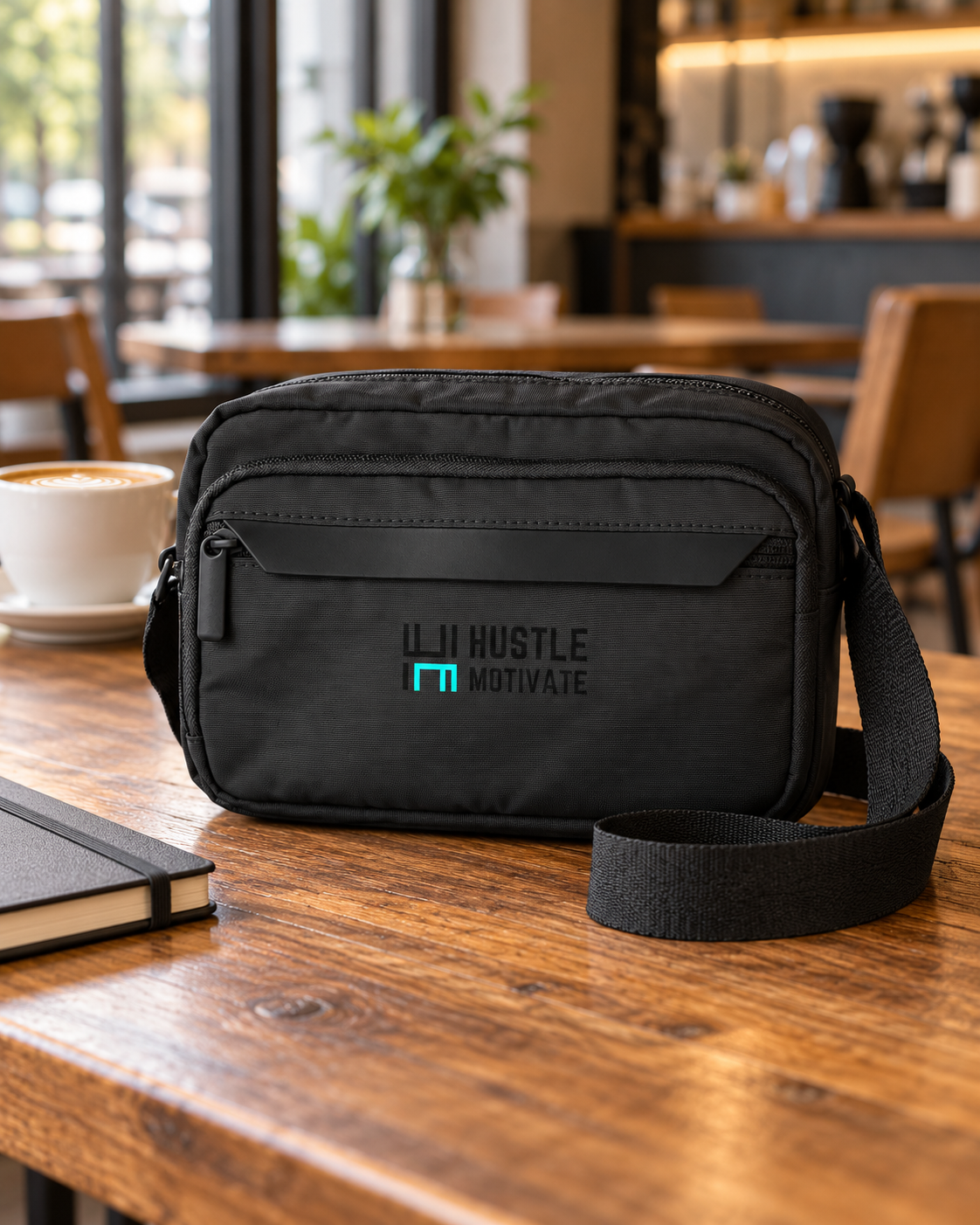 AI lifestyle mockup of the black and teal HM crossbody bag on a wooden café table.