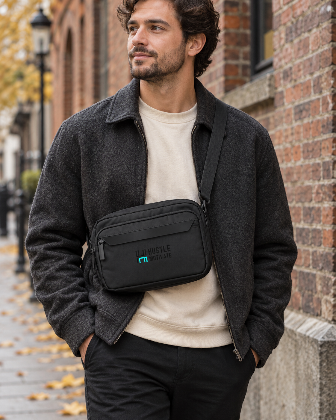 AI lifestyle mockup of a man wearing the black and teal HM crossbody bag on a city street.