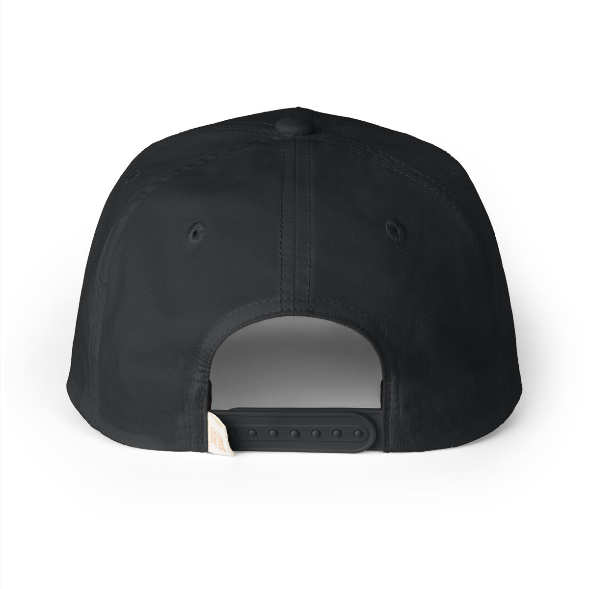 Back of black Hustle Motivate rope snapback cap showing adjustable black plastic closure