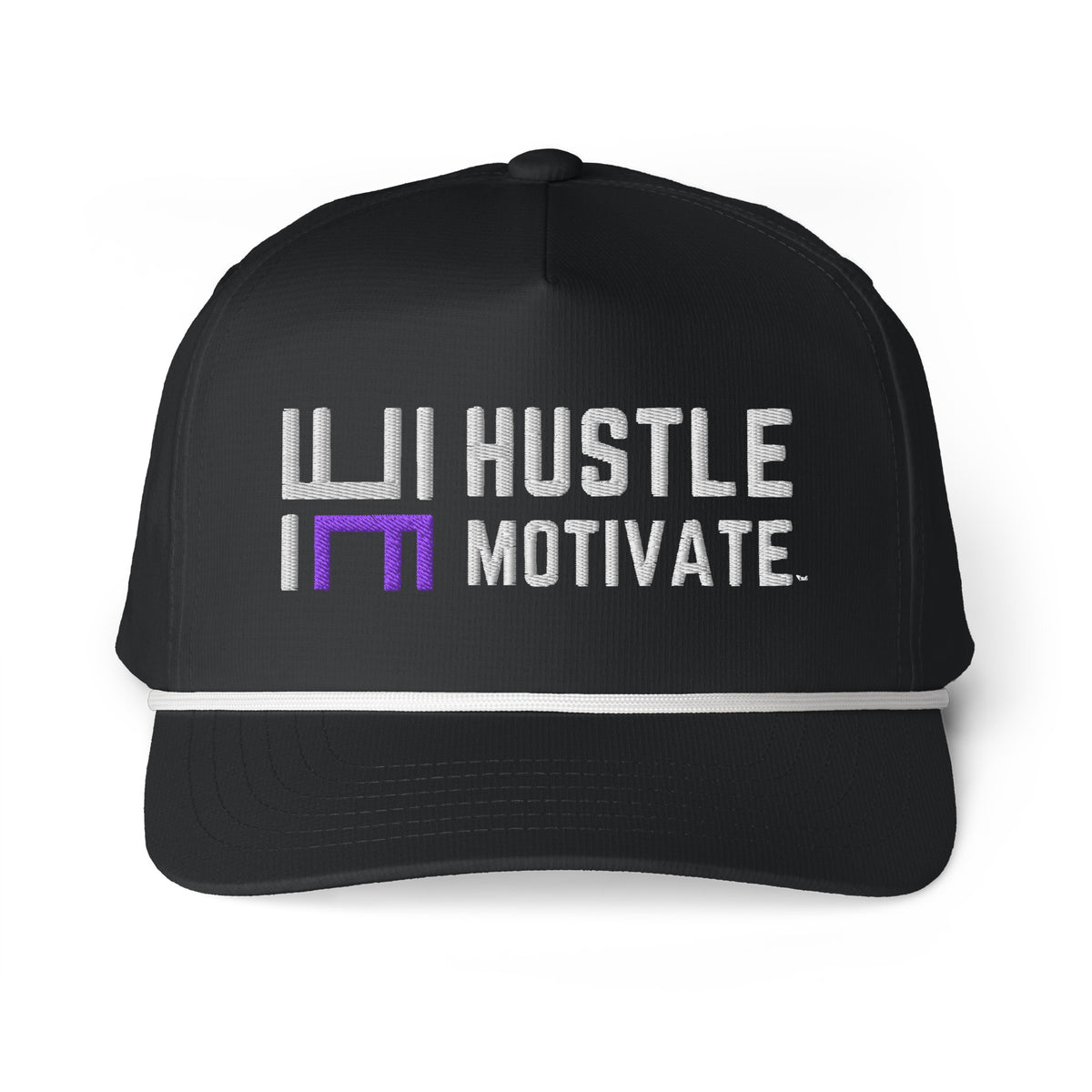 Front of black Hustle Motivate rope snapback cap with white and purple embroidery and white rope trim
