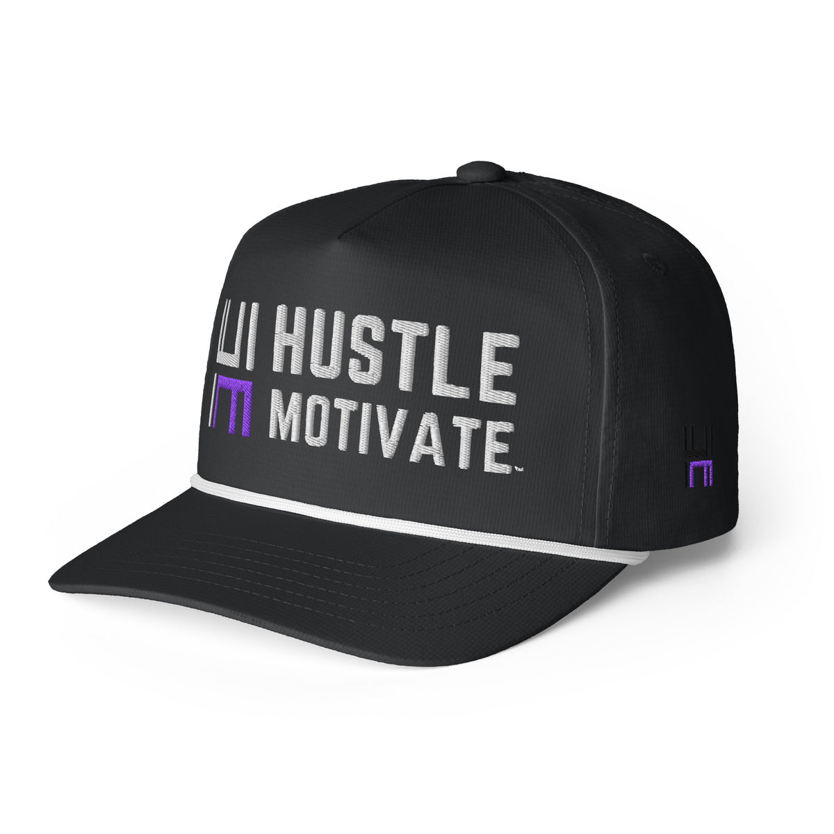 Left front view of black Hustle Motivate rope snapback cap with white and purple embroidery