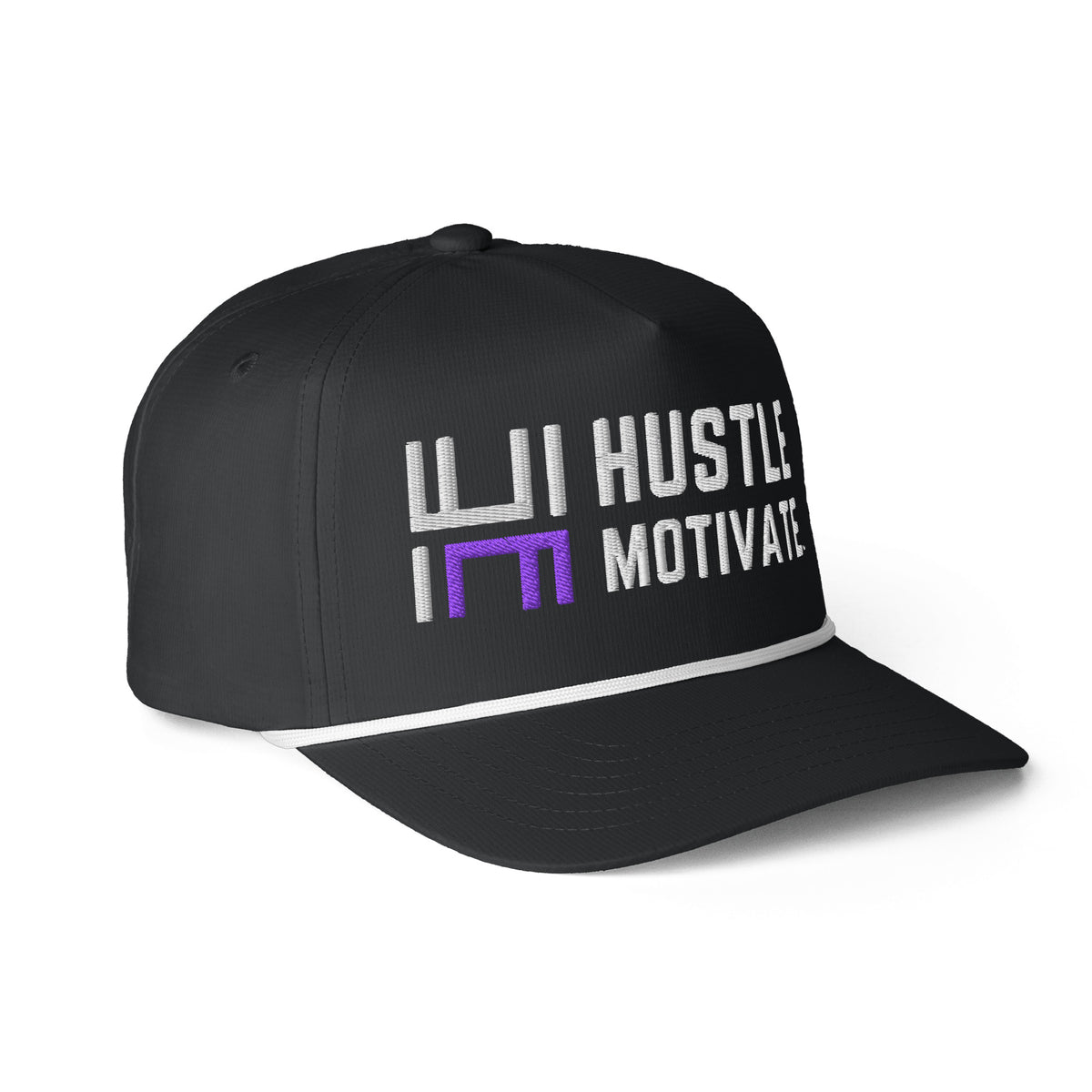 Right front view of black Hustle Motivate rope snapback cap with white rope trim and embroidered logo