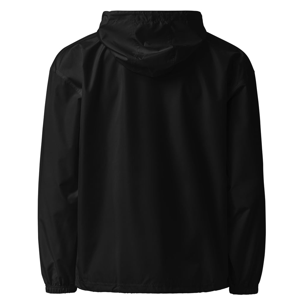 Back view of the black Hustle Motivate Packable Windbreaker with its hood down.