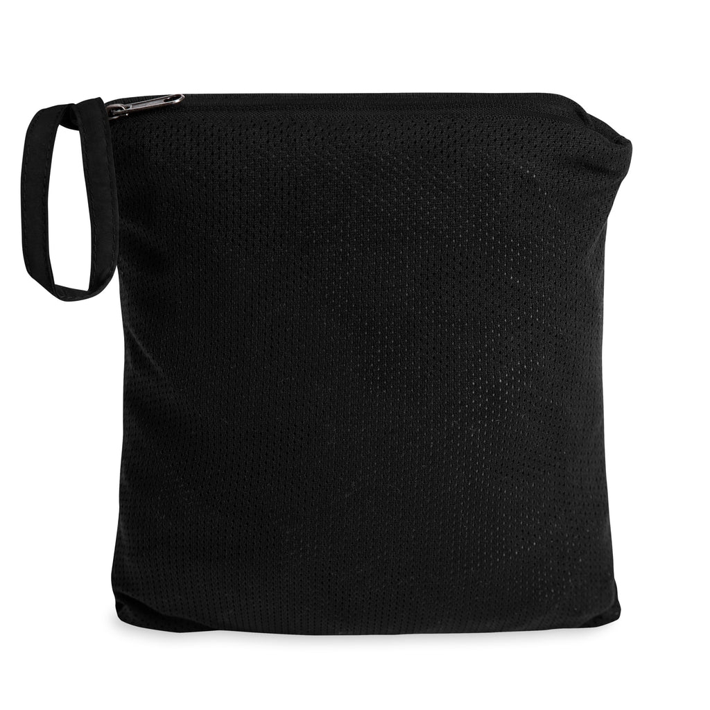Black Hustle Motivate Packable Windbreaker packed into its zipped pouch with a carrying loop.