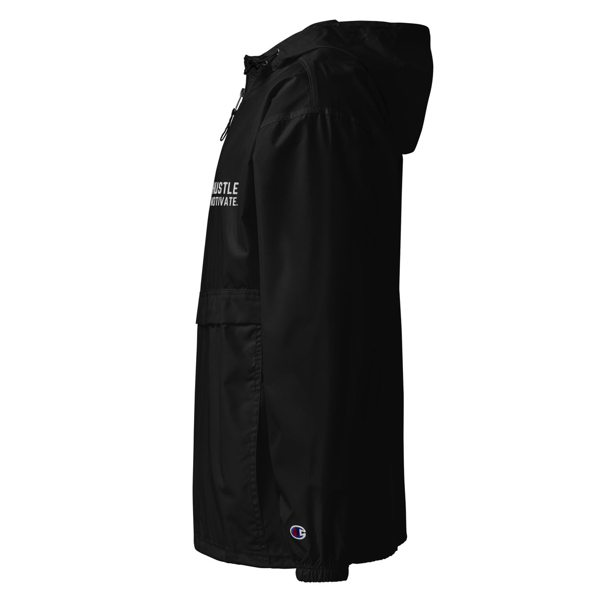 Left-side view of the black Hustle Motivate Packable Windbreaker with chest embroidery and a small sleeve emblem.