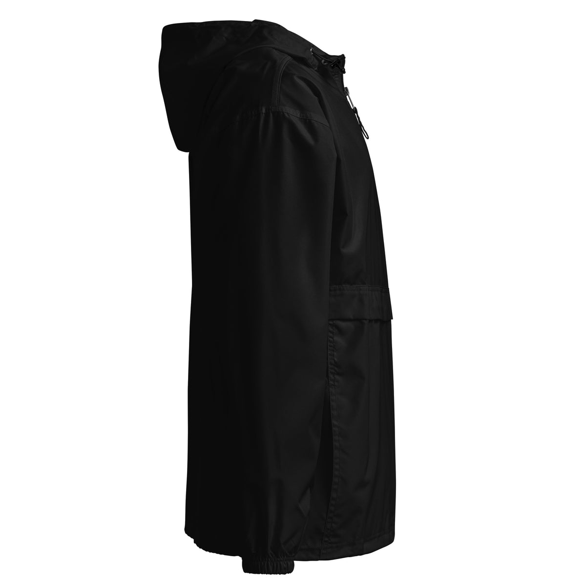 Right-side view of the black Hustle Motivate Packable Windbreaker showing the hood and elastic cuff.