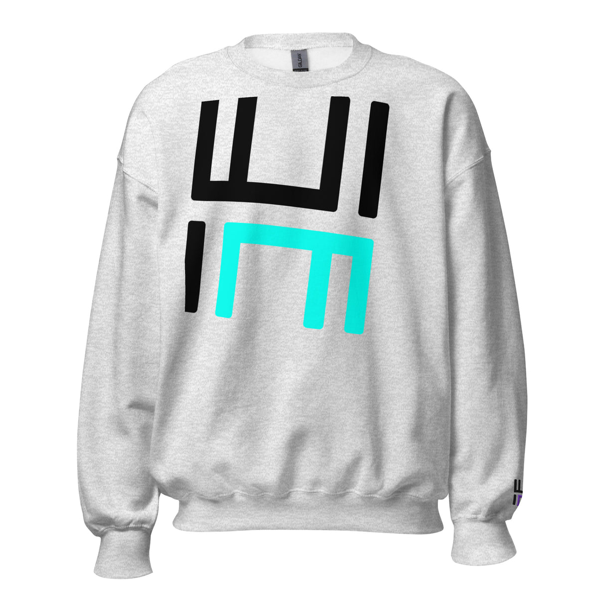 Hustle Motivate Statement Crewneck in ash, front view with large black and teal HM print