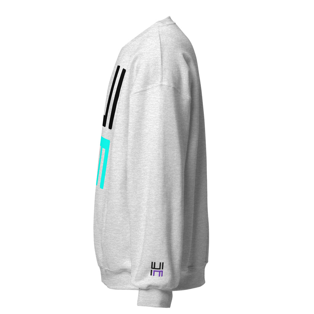 Hustle Motivate Statement Crewneck in ash, left sleeve view showing black and purple embroidered HM logo