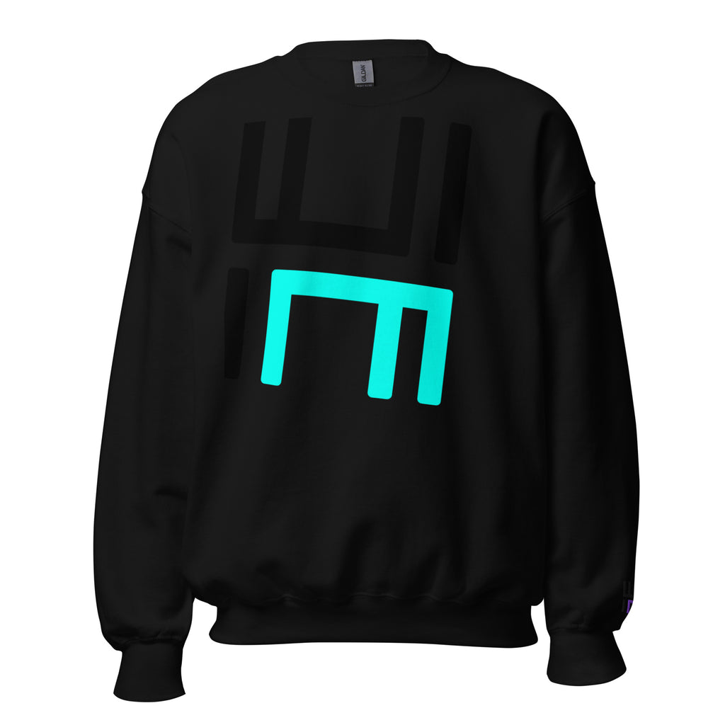 Hustle Motivate Statement Crewneck in black, front view with large black and teal HM print