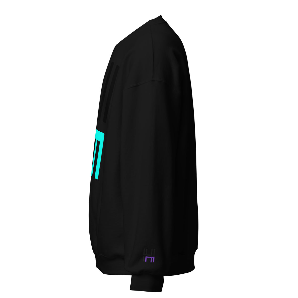 Hustle Motivate Statement Crewneck in black, left sleeve view showing black and purple embroidered HM logo