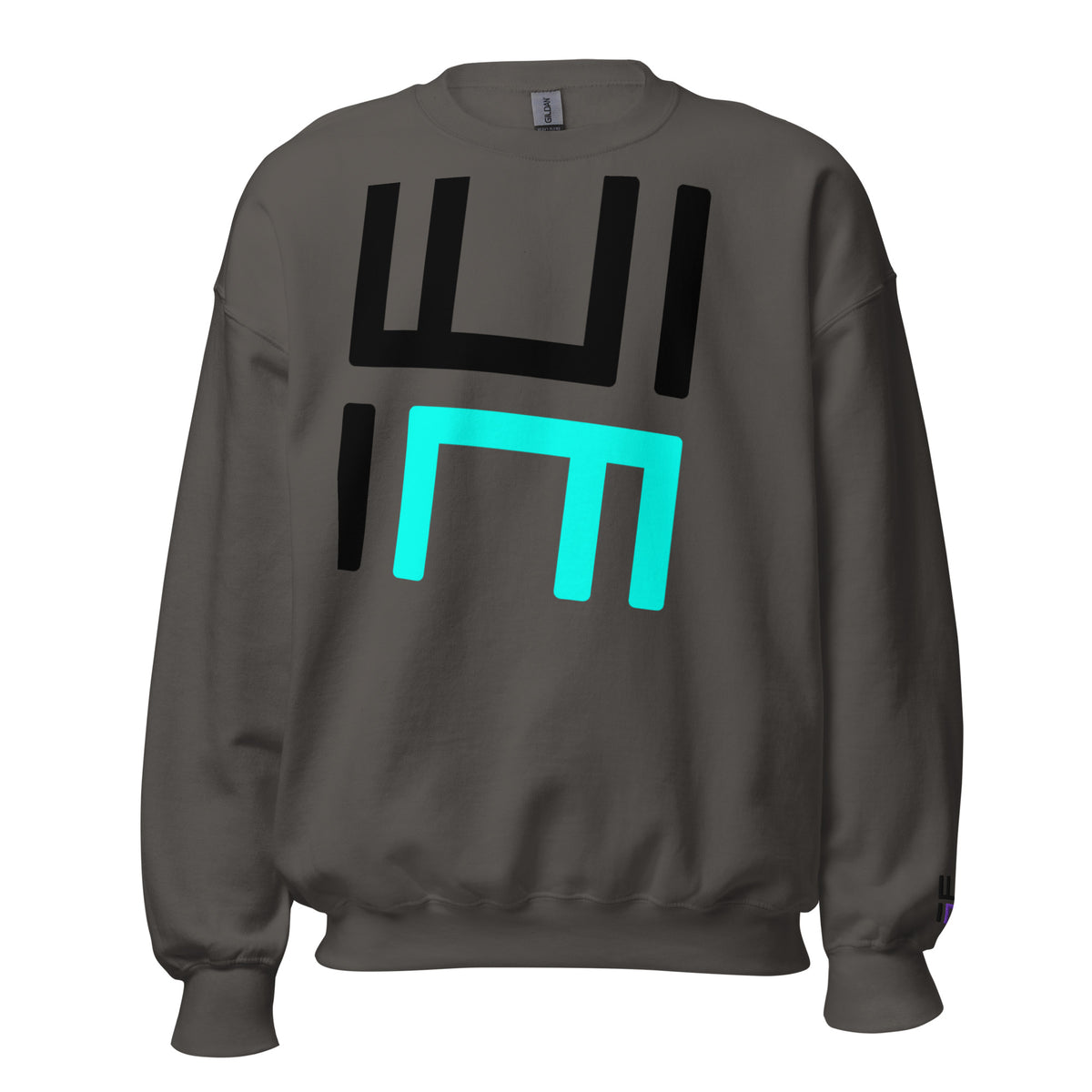 Hustle Motivate Statement Crewneck in charcoal, front view with large black and teal HM print