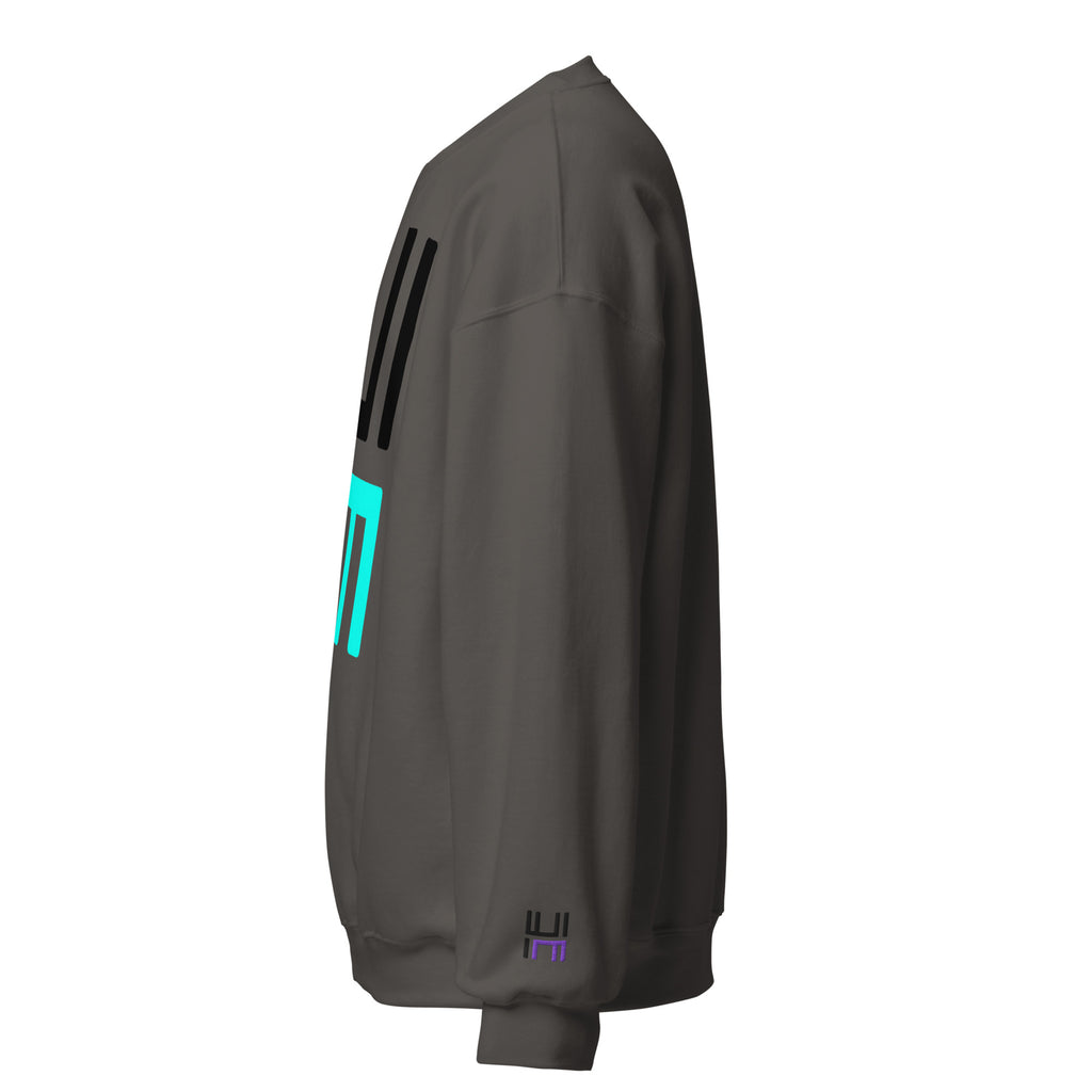 Hustle Motivate Statement Crewneck in charcoal, left sleeve view showing black and purple embroidered HM logo