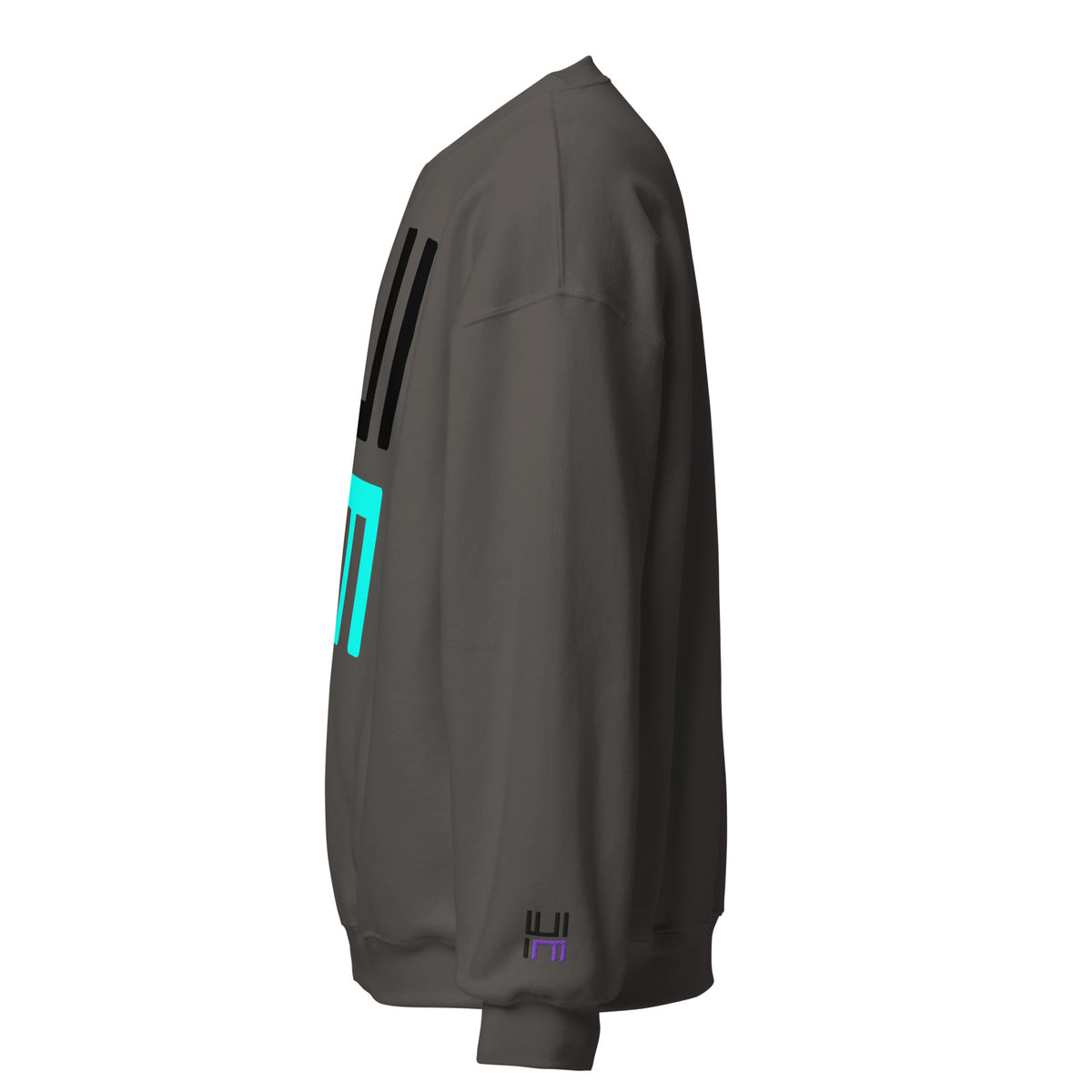 Hustle Motivate Statement Crewneck in charcoal, left sleeve view showing black and purple embroidered HM logo