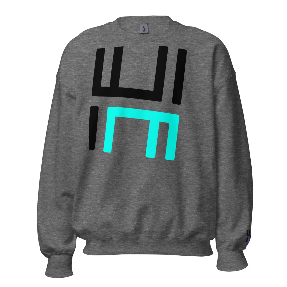 Hustle Motivate Statement Crewneck in graphite heather, front view with large black and teal HM print