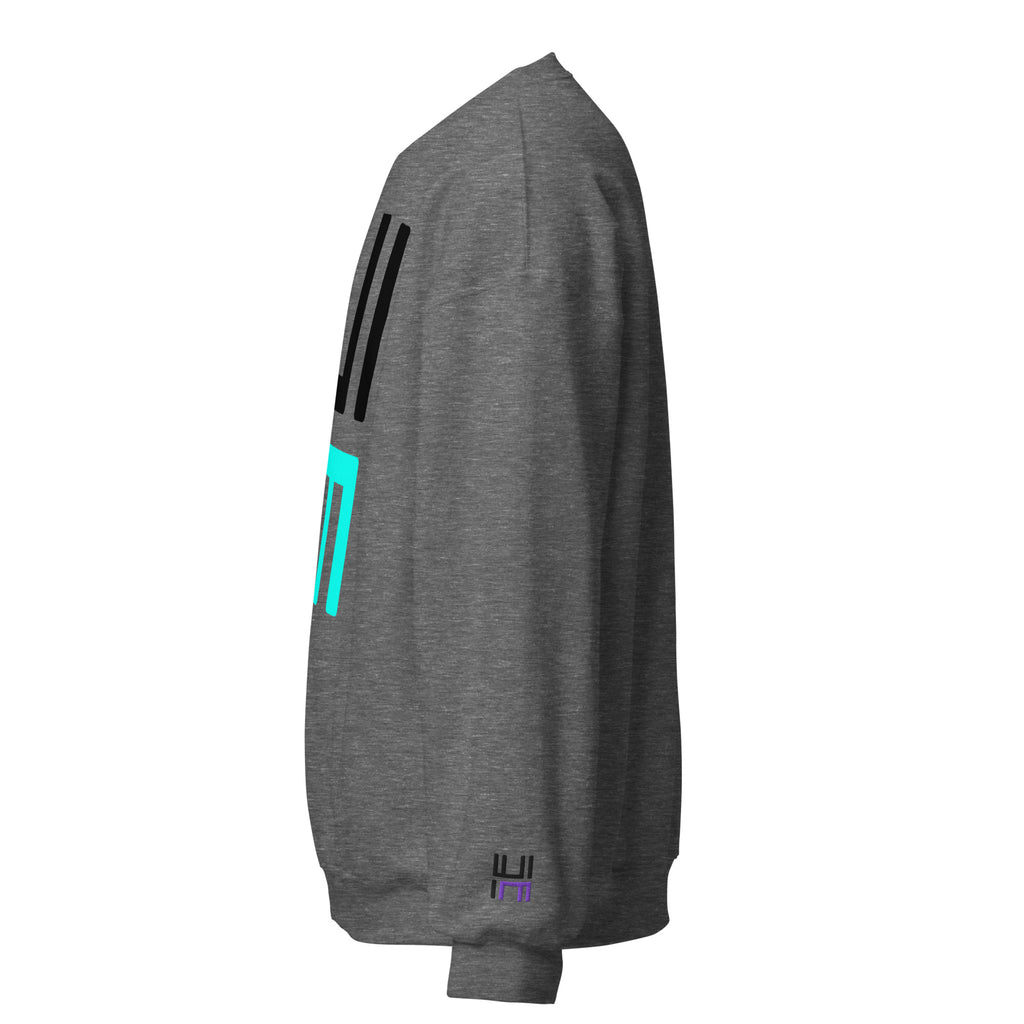 Hustle Motivate Statement Crewneck in graphite heather, left sleeve view showing black and purple embroidered HM logo