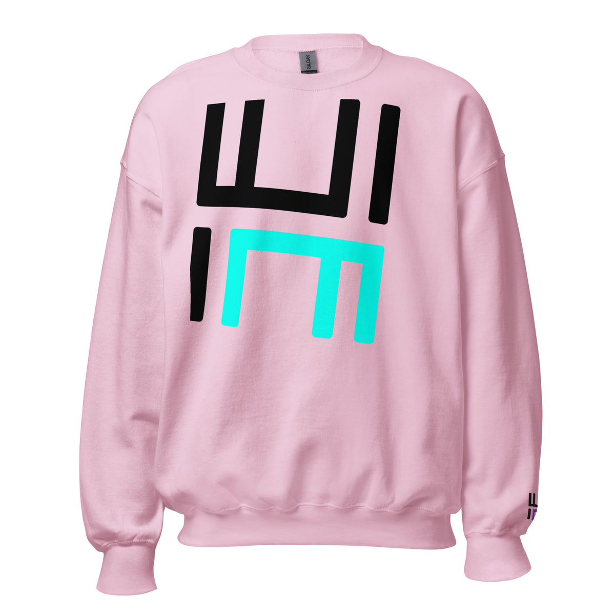Hustle Motivate Statement Crewneck in light pink, front view with large black and teal HM print