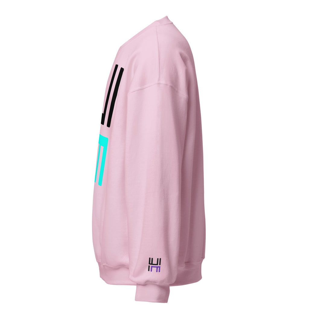 Hustle Motivate Statement Crewneck in light pink, left sleeve view showing black and purple embroidered HM logo
