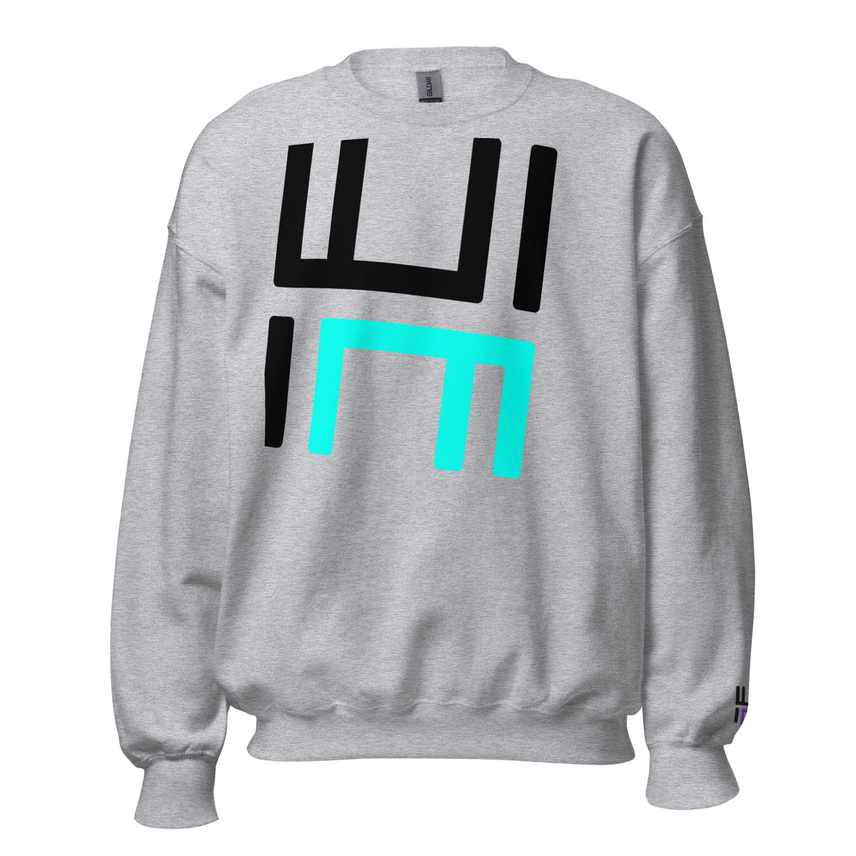 Hustle Motivate Statement Crewneck in sport grey, front view with large black and teal HM print