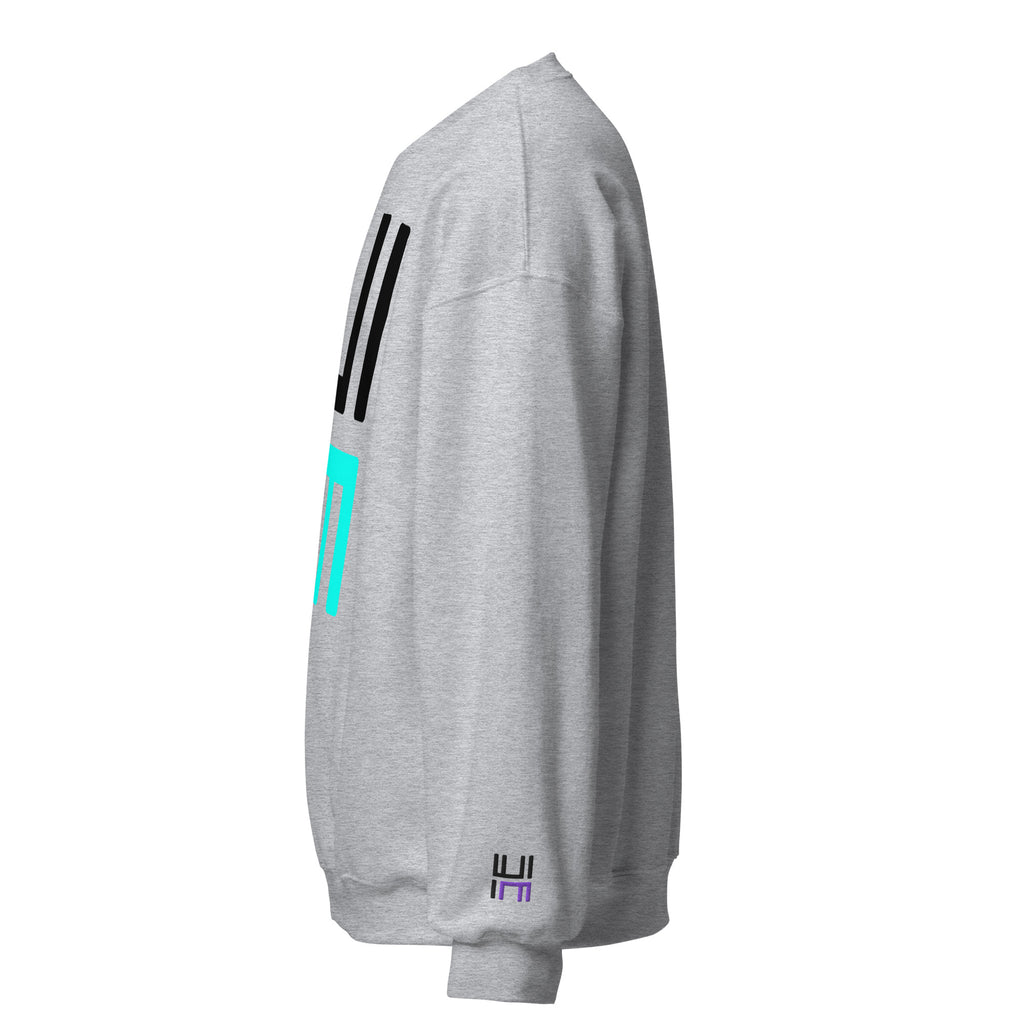 Hustle Motivate Statement Crewneck in sport grey, left sleeve view showing black and purple embroidered HM logo