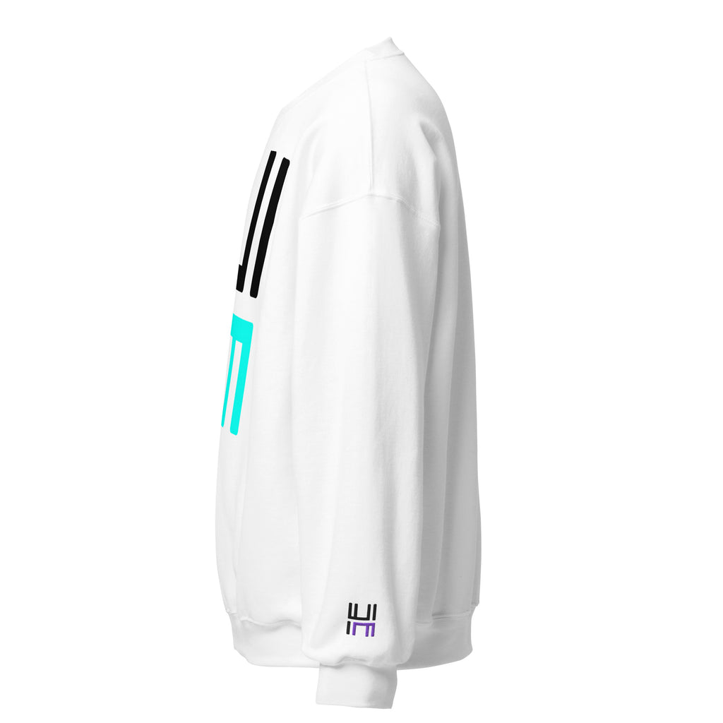Hustle Motivate Statement Crewneck in white, left sleeve view showing black and purple embroidered HM logo
