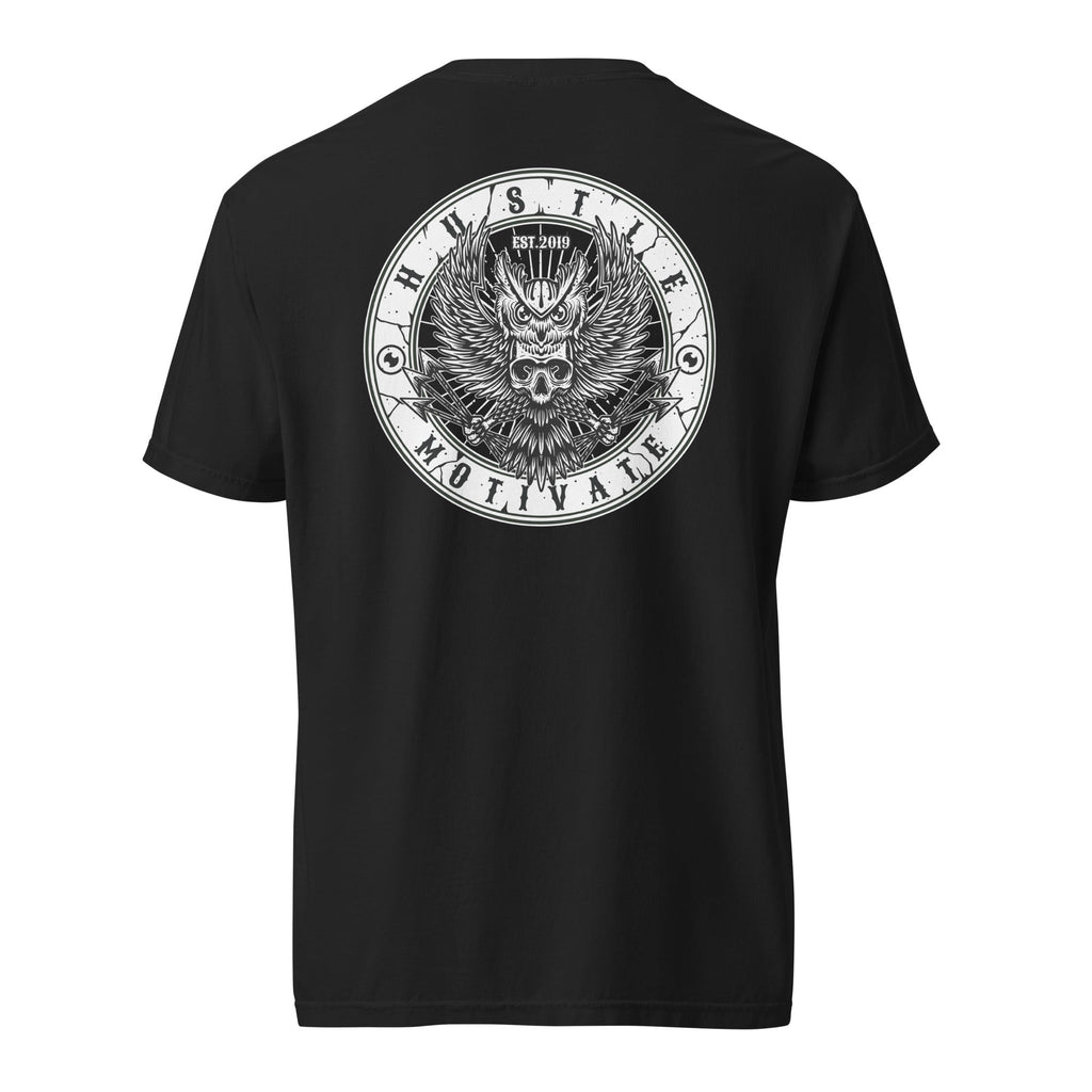 Hustle Motivate OG Owl Throwback T-Shirt in Black, back ghost mockup view with large circular original owl artwork.