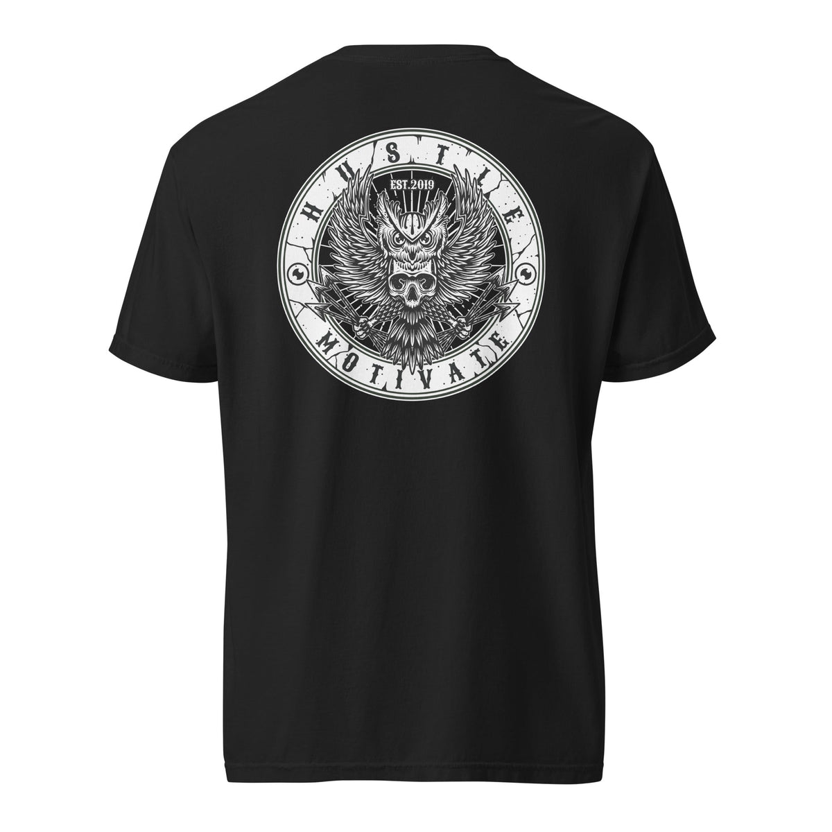 Hustle Motivate OG Owl Throwback T-Shirt in Black, back ghost mockup view with large circular original owl artwork.