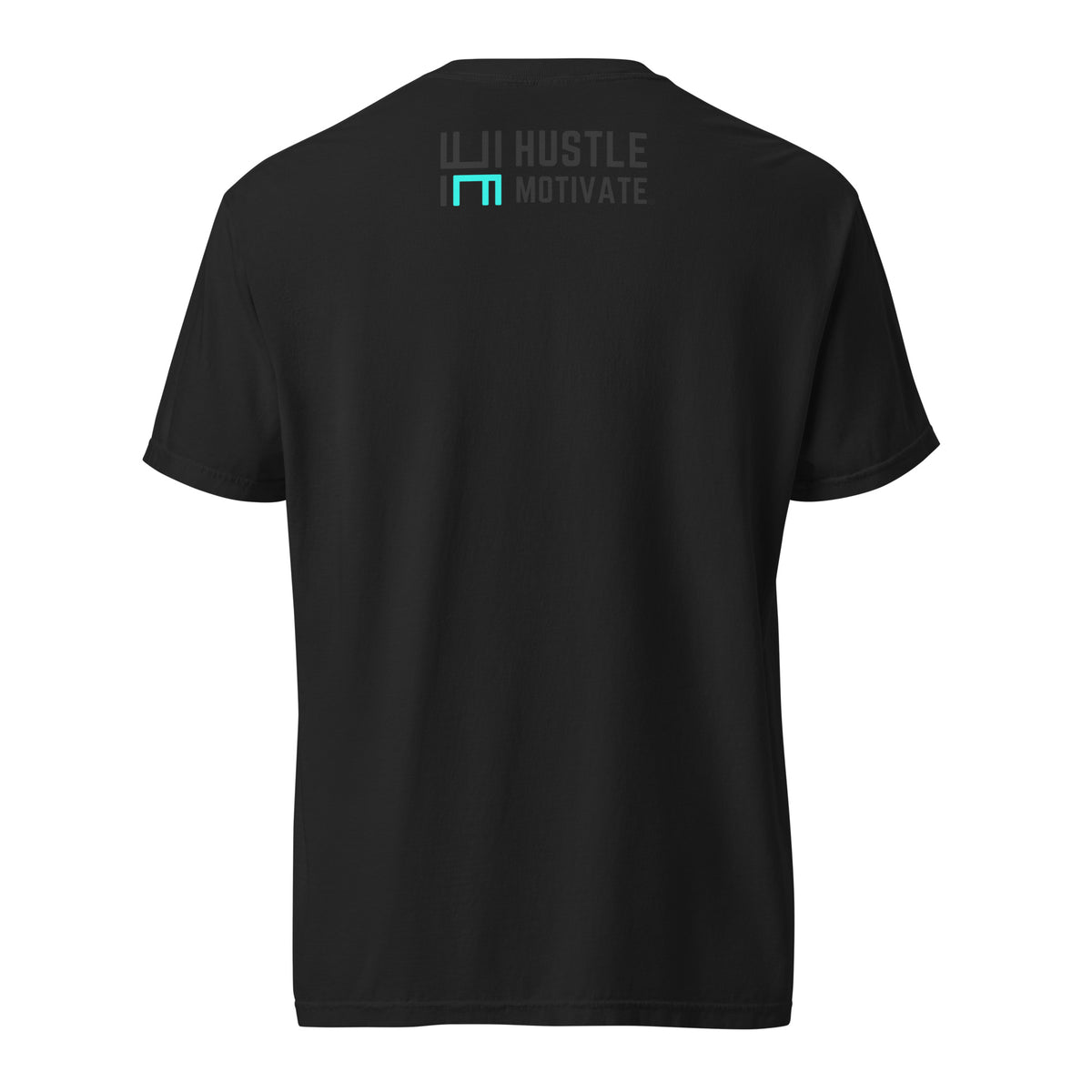 Black Hustle Motivate Perspective Tee, back view with small Hustle Motivate wordmark below the collar