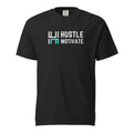 Black Hustle Motivate heavyweight T-shirt, front view with white-and-teal HM chest logo.