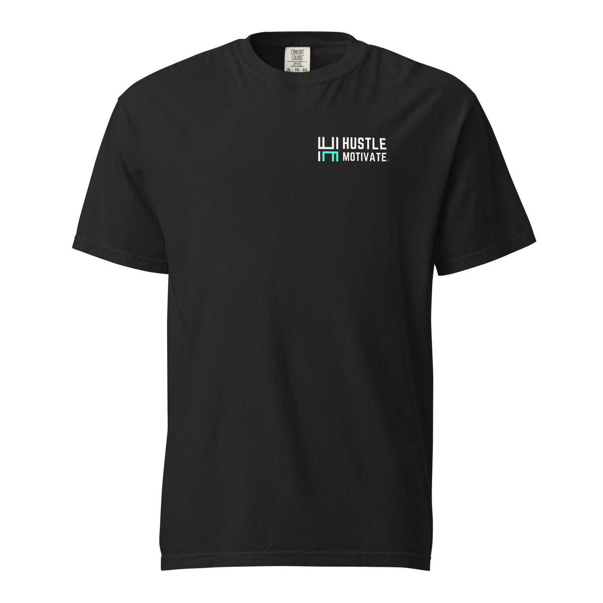 Hustle Motivate OG Owl Throwback T-Shirt in Black, front ghost mockup view with small white and teal HM chest logo.