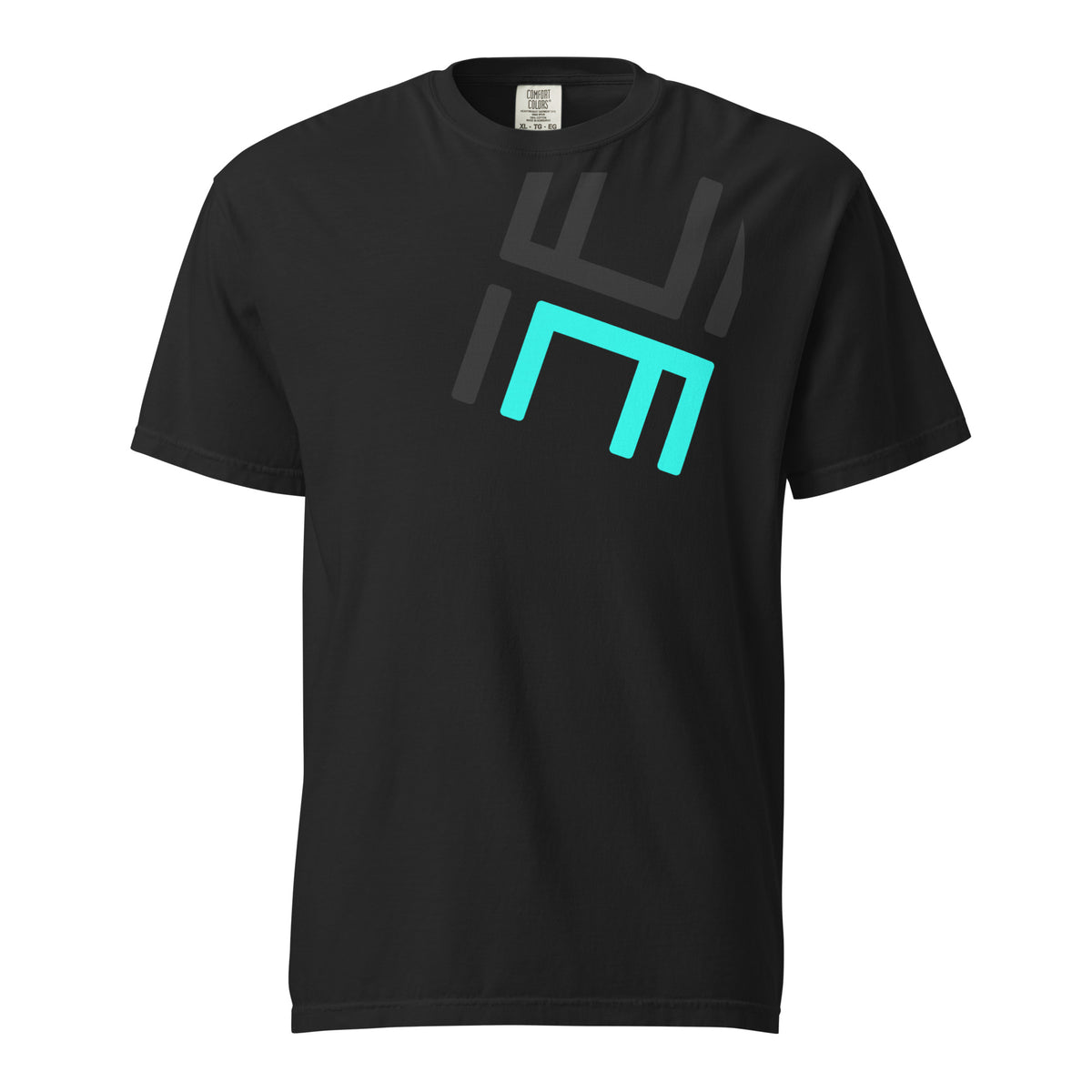 Black Hustle Motivate Perspective Tee, front view with large angled charcoal-and-teal HM monogram