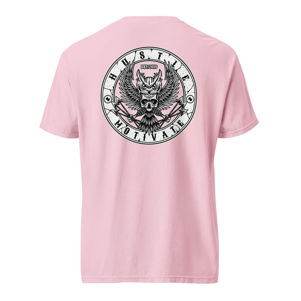 Hustle Motivate OG Owl Throwback T-Shirt in Blossom, back ghost mockup view with large circular original owl artwork.