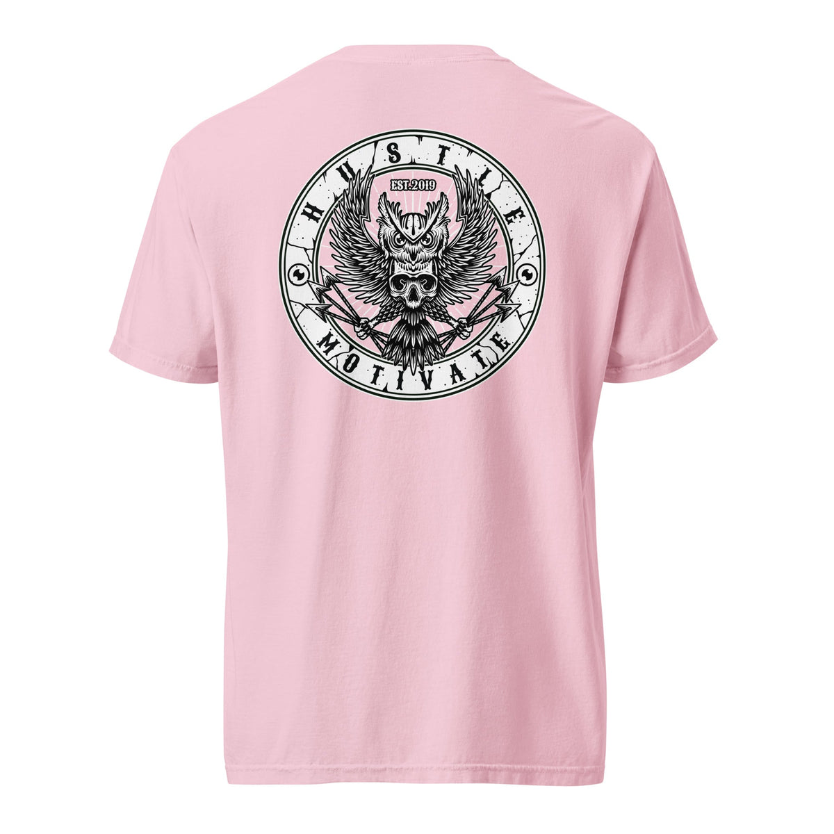 Hustle Motivate OG Owl Throwback T-Shirt in Blossom, back ghost mockup view with large circular original owl artwork.