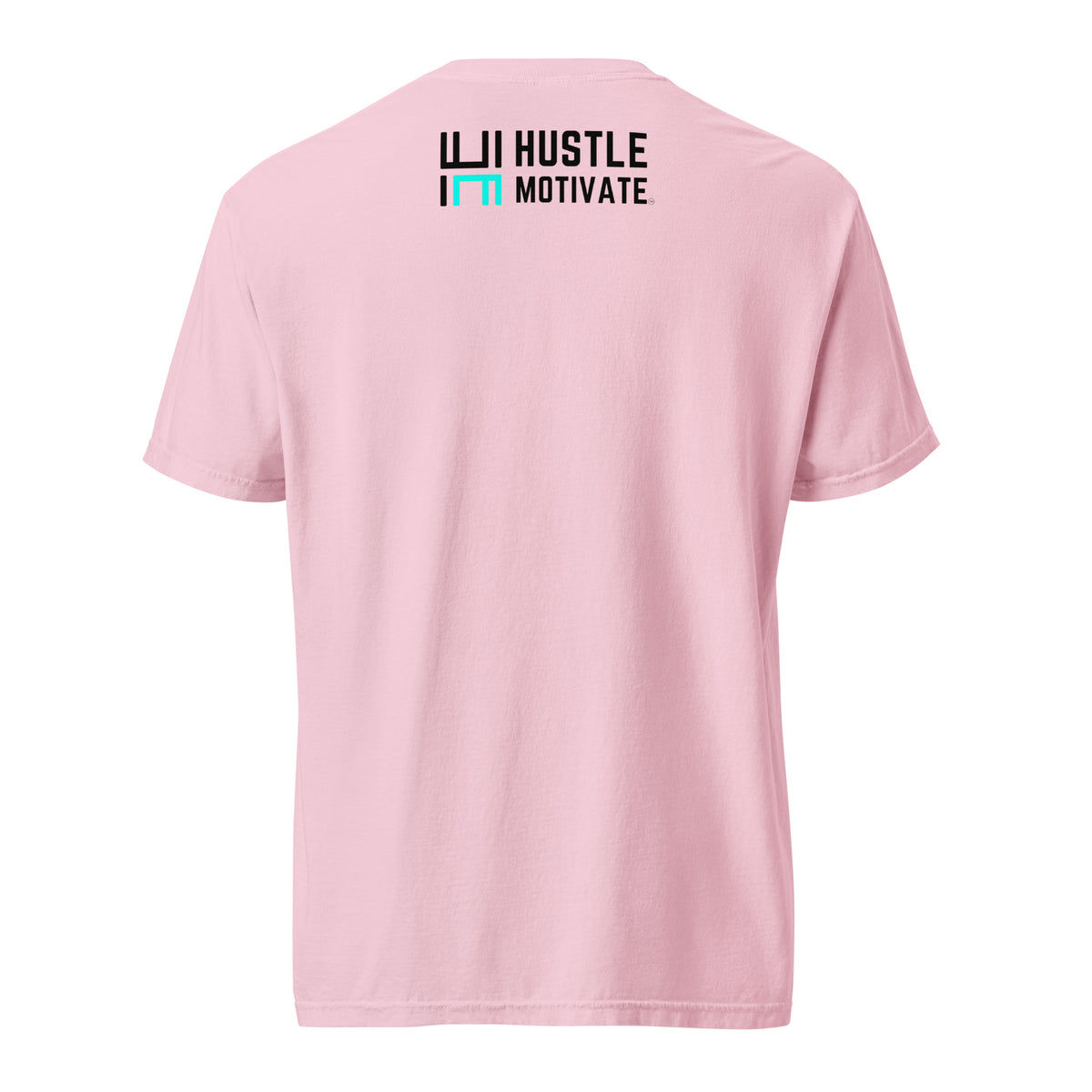 Blossom Hustle Motivate Perspective Tee, back view with small Hustle Motivate wordmark below the collar